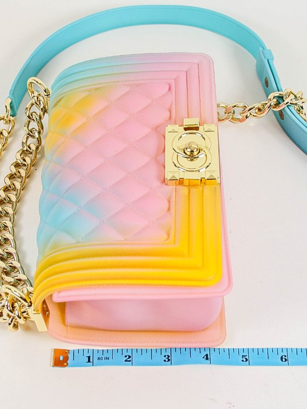 Pastel Rainbow Jelly Crossbody Bag Gold Chain Strap Quilted Candy Color Purse - Picture 7 of 8